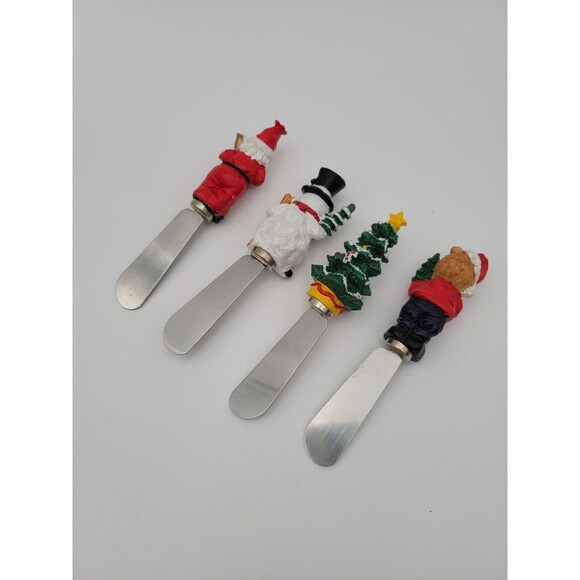 Set Of 4 Christmas Theme Butter Cheese Spreader Knives Santa Snowman Tree Bear - Picture 4 of 13